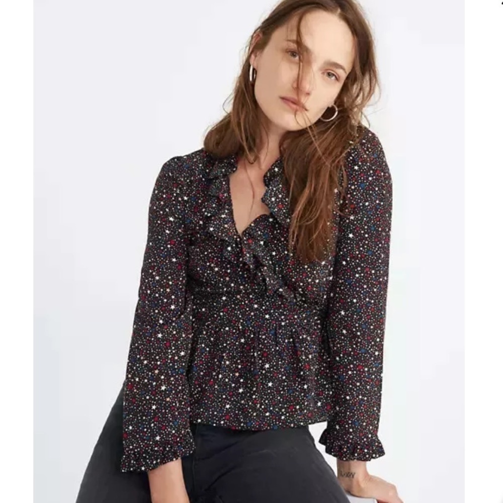 Madewell Silk Ruffle-Hem Wrap Top Starry Night XS